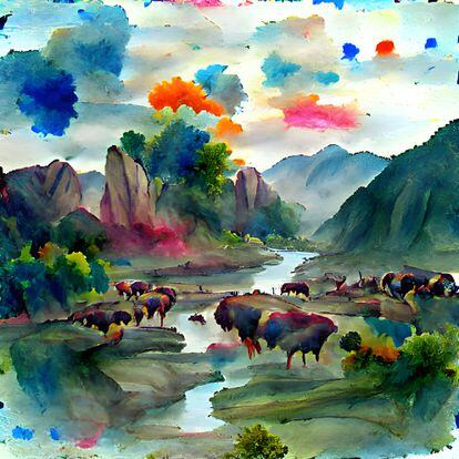 Una imagen creada por la Inteligencia Artificial de Geniverse, a partir del texto: «Paisaje de un valle cruzado por un río, con una manada de búfalos en el fondo. En acuarelas. Con colores brillantes en el cielo».