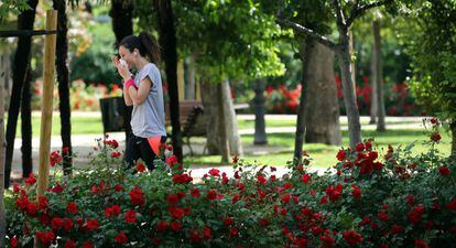 Una mujer pasea por el parque del Retiro este mayo, cuando sucede la polinización de las gramíneas.