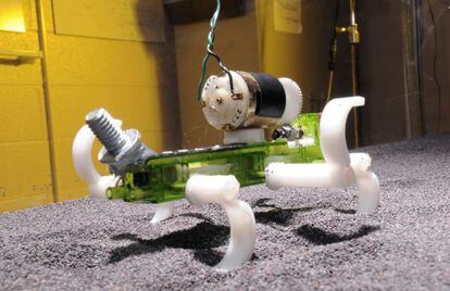 Robot con seis patas especializado en desplazarse por una superficie de gravilla suelta.