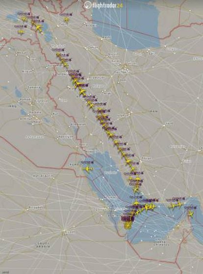 Ruta de los vuelos de Qatar Airways tras la prohibición de sobrevolar varios países vecinos.