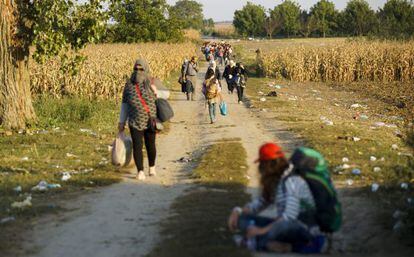 Refugiados caminan hacia la frontera con Croacia en Sid (Serbia), este martes.
