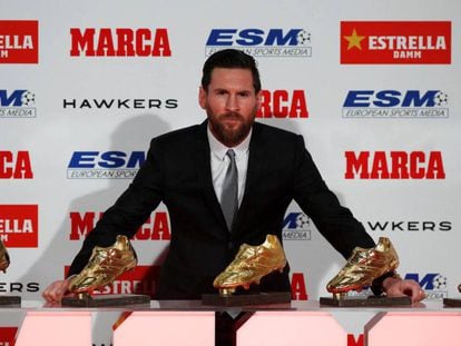 Messi, con sus cinco Botas de Oro en Barcelona. En vídeo, declraraciones de Messi al recoger el premio.