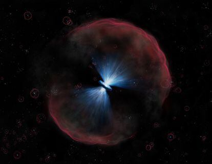 Ilustración de cómo debe ser un quásar extremadamente luminoso visto de cerca, en el centro, muy brillante en ultravioleta y un entorno de gas iluminado por esa luz.