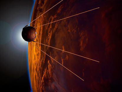 Recreación del 'Sputnik 1' en órbita sobre la Tierra.