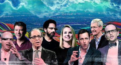 De izquierda a derecha: Sebastian Thrun (Google), Travis Kalanick (Uber), Ray Kurzweil (Google), Sergey Brin (Google), Marissa Mayer (Yahoo), Peter Thiel (Pay Pal -Thiel), Tim Cook (Apple), Joe Gebbia (Airbnb).