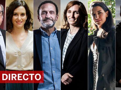 Candidatos a la presidencia de la Comunidad de Madrid en las elecciones del 4 de mayo. Desde la izquieda, Ángel Gabilondo (PSOE), Isabel Díaz Ayuso (PP), Edmundo Bal (Cs), Mónica García (Más Madrid), Rocío Monasterio (Vox) y Pablo Iglesias (Podemos).