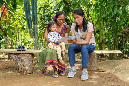 Yudy Chilingano, responsable del área de nutrición del proyecto, enseña a una mujer beneficiaria de la comunidad de Quimotari la situación en la que se encuentra su hija en la tabla de crecimiento infantil de la OMS.