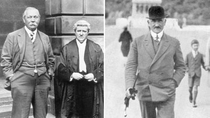 A la izquierda, el escritor Arthur Conan Doyle y el abogado Craigie Aitchison, durante la revisión del 'caso Slater' en 1928. A la derecha, Oscar Slater, el judío alemán condenado en Glasgow por un crimen que no cometió.