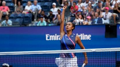 Leylah Fernandez, of Canada, reacts after scoring a point against Elina Svitolina, of Ukraine, during the quarterfinals of the US Open tennis championships, Tuesday, Sept. 7, 2021, in New York. (AP Photo/Elise Amendola)