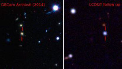 Destacada con barras rojas, la galaxia que alberga la supernova observada antes y después de su estallido.