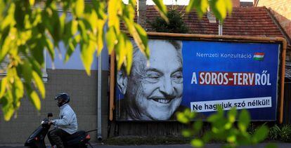 Hungarian government campaign against George Soros, whom it accuses of promoting an alleged plan to encourage immigration to the country, in Szolnok.
