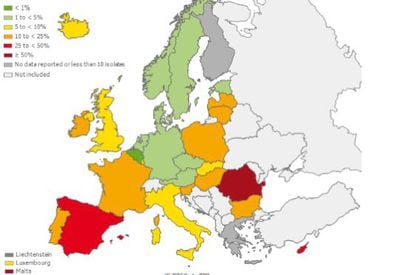Mapa europeo de las tasas de resistencia del Streptococcus pneumoniae a la penicilina
