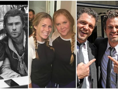 De izquierda a derecha: los actores Chris Hemsworth, Amy Schumer y Mark Ruffalo, con sus dobles.