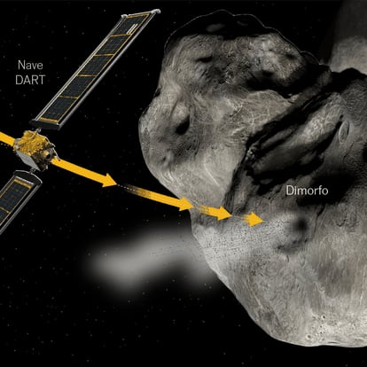 La sonda DART frente a Dídimo, una roca de 780 metros de diámetro, y su pequeña luna Dimorfo.