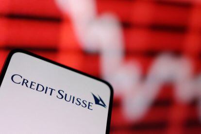 Credit Suisse logo and decreasing stock graph are seen in this picture illustration taken March 16, 2023. REUTERS/Dado Ruvic/Illustration
