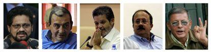 El equipo negociador de las FARC. De izquierda a derecha, Luciano Marín, alias 'Iván Márquez'; Mauricio Jaramillo, Hermes Aguilar, Andrés París y Rodrigo Granda.