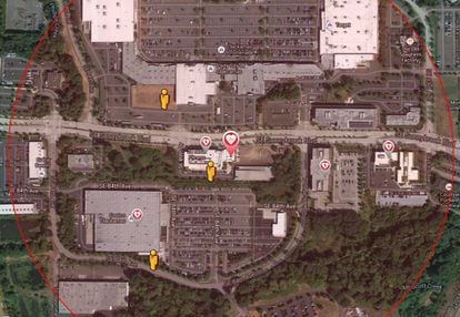 Mapa de una app donde se localizan los potenciales rescatadores y desfibriladores en el caso de un paro cardiaco (marcado con el corazón grande).