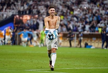 Gonzalo Montiel celebra su gol en la tanda de penaltis que supuso el título mundial para Argentina, el pasado domingo.