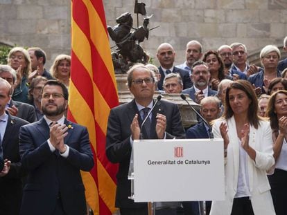 El presidente Quim Torra en el acto de este martes en la Generalitat.