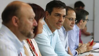 El secretario general del PSOE, Pedro S&aacute;nchez (3i), junto al secretario de Organizaci&oacute;n y Acci&oacute;n electoral, C&eacute;sar Luena (2d), y el secretario de Acci&oacute;n Pol&iacute;tica y Ciudadana, Patxi L&oacute;pez (d), la presidenta del partido, Micaela Navarro (2i), y el secretario de Pol&iacute;tica Federal, Antonio Pradas (i), durante la reuni&oacute;n hoy del Comit&eacute; Federal del PSOE.