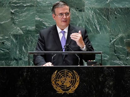 El secretario de Relaciones Exteriores, Marcelo Ebrard, durante su intervención ante la Asamblea General de la ONU el pasado septiembre.