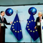 Kosovo's Prime Minister Albin Kurti, left, speaks next to European Union foreign policy chief Josep Borrell during a joint news conference at the EEAS building in Brussels, Thursday, April 29, 2021. (Kenzo Tribouillard, Pool Photo via AP)