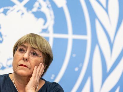 Michelle Bachelet, Alta Comisionada saliente de Naciones Unidas para los Derechos Humanos, durante la última conferencia de prensa de su mandato, este jueves en Ginebra (Suiza).