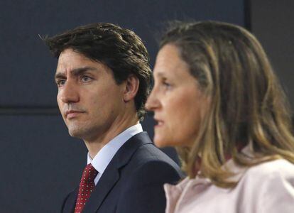 Trudeau y la ministra de Asuntos Exteriores de Canadá, Chrystia Freeland, en rueda de prensa el 31 de mayo.