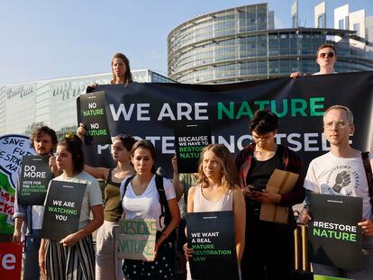 Un grupo de ecologistas, entre ellos Greta Thunberg (tercera por la izquierda en la primera fila) delante de la sede del Parlamento Europeo en Estrasburgo (Francia).