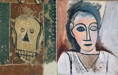 Detall de la pintura romànica del Mestre de Sorpe i 'Bust d'home', de Picasso, del 1907.