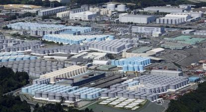 An aerial view of tanks containing treated radioactive wastewater at the Fukushima nuclear power plant in northern Japan on Tuesday.
