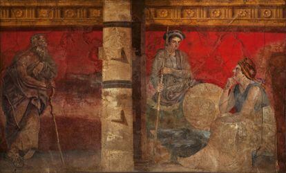 Fresco con un filósofo y Alejandro Magno hallado en Boscoreale, que puede verse en la exposición 'Alejandro Magno y Oriente', en el Museo Arqueológico Nacional de Nápoles hasta el 28 de agosto.