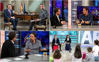 Pedro Sánchez, Albert Rivera, Pablo Iglesias y Pablo Casado, en diferentes entrevistas de televisión.