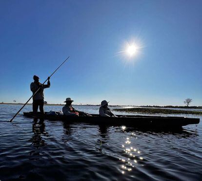 Un 'mokoro' navega por las aguas someras del sur del delta.