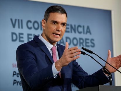 El presidente del Gobierno, Pedro Sánchez, inaugura este lunes la VII conferencia de embajadores, en el Ministerio de Asuntos Exteriores en Madrid.