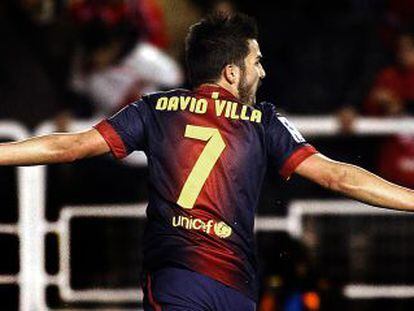 Villa celebra el primer gol del Bar&ccedil;a en Vallecas. 