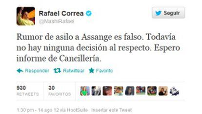Mensaje de Correa en Twitter.