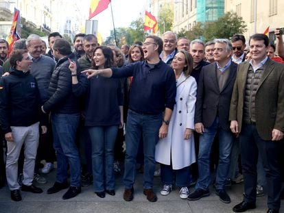 El líder del PP, Alberto Núñez Feijóo (centro), junto a la presidenta de la Comunidad de Madrid, Isabel Díaz Ayuso (tercera por la izquierda), y otros dirigentes populares, este sábado durante la manifestación contra la amnistía celebrada en Madrid.