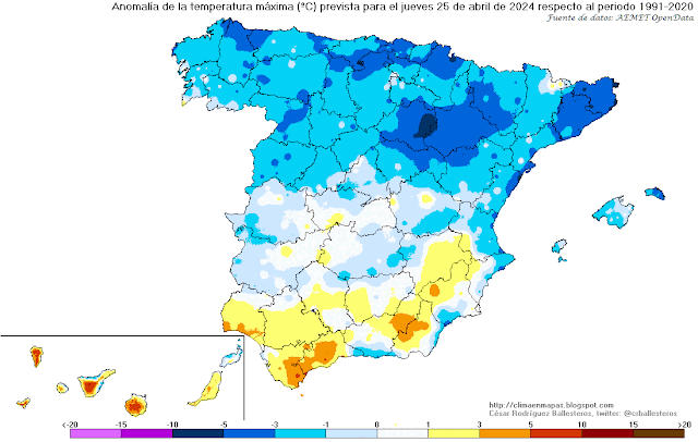 Mapas con la evolución de las anomalías de temperatura en España de este viernes al próximo miércoles.