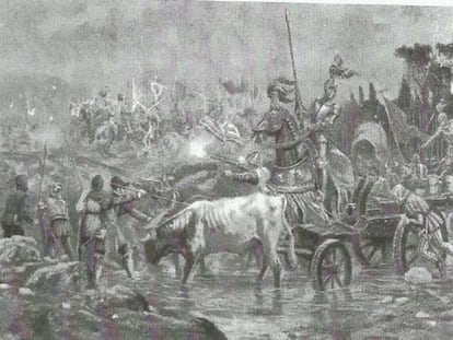 'La marcha a Villalar' (1880), de Eugenio Álvarez Dumont, donde el pintor representa a los carros comuneros tirados por bueyes.