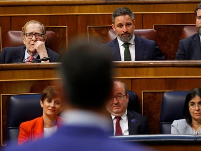 Pedro Sánchez, de espaldas, se dirige desde la tribuna del Congreso a Ramón Tamames y Santiago Abascal.