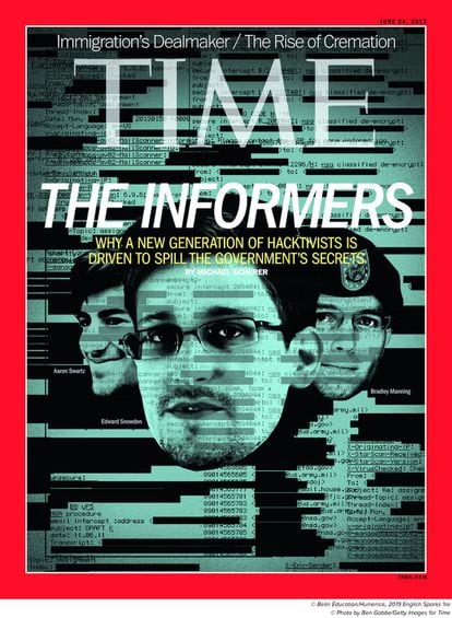 Portada de la revista 'Time' dedicada a Edward Snowden, Aaron Swartz y Chelsea Manning (entoces Bradley Manning).