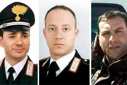 De izda. a dcha., los tres soldados italianos fallecidos: el suboficial de los Carabineros Franco Lattanzio, su homólogo Carlo de Trizio y el capitán Nicola Ciardelli.