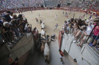 Los toros entran en la plaza La Cubierta en el primer encierro de Leganés.