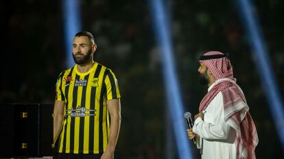 Karim Benzema, en su presentación el jueves como jugador del Al Ittihad saudí.