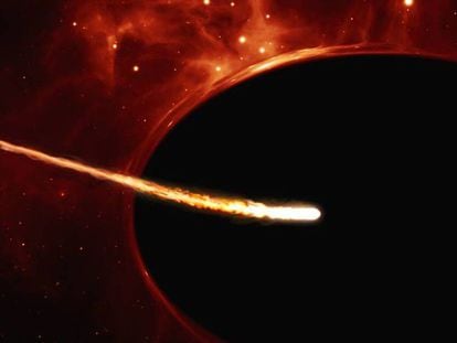 Representación de un agujero negro devorando a una estrella.