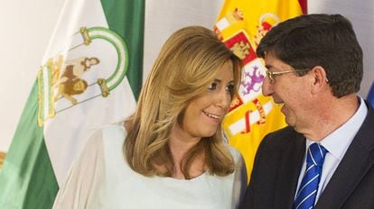 La presidenta de la Junta, Susana D&iacute;az, junto al l&iacute;der de Ciudadanos en Andaluc&iacute;a, Juan Mar&iacute;n, el a&ntilde;o pasado. 
