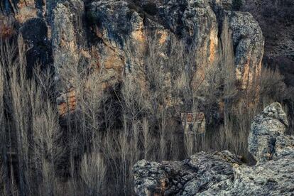 La llamada Caseta de Félix, bajo el barranco del río Dulce, en Guadalajara, que se utilizó durante las grabaciones de su documental sobre el buitre leonado.