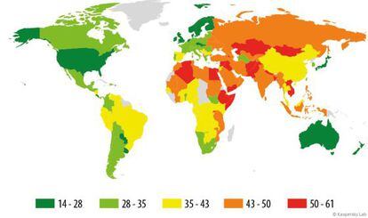 Gráfico mundial del índice de infección informática. La escala de colores marca en verde oscuro el menor índice de 'malware' y en rojo intenso el mayor.
