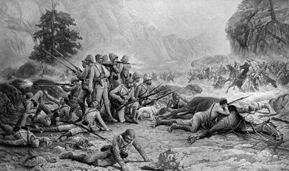 'Los últimos 11 de Maiwand', una pintura de Frank Feller que refleja la derrota británica en Maiwand el 27 de julio de 1880.